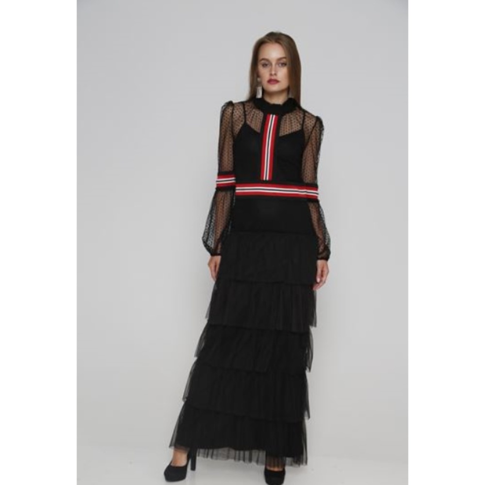 Black lace long sleeve layered maxi dress - Picture 3 of 7